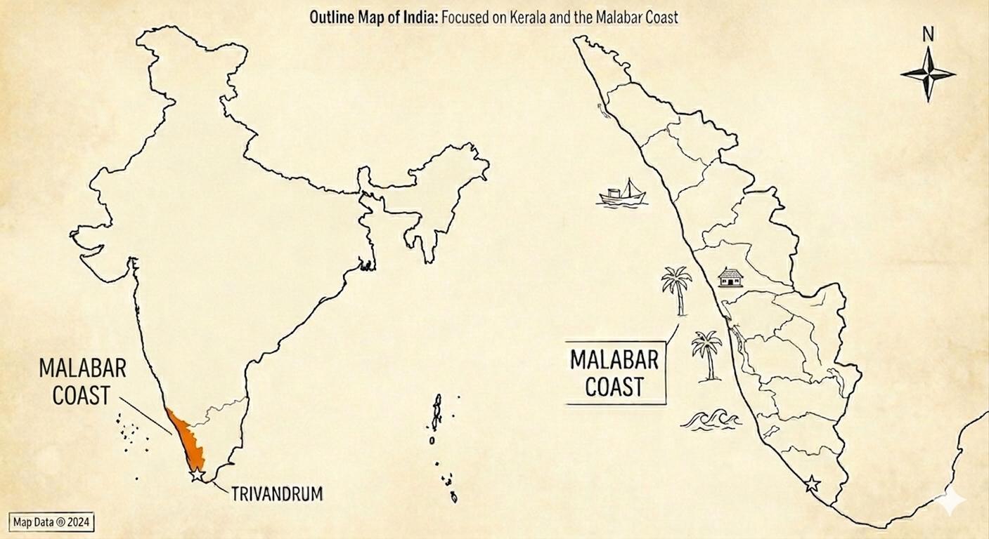 Outline map of India highlighting Kerala and the Malabar Coast on the south-western shore