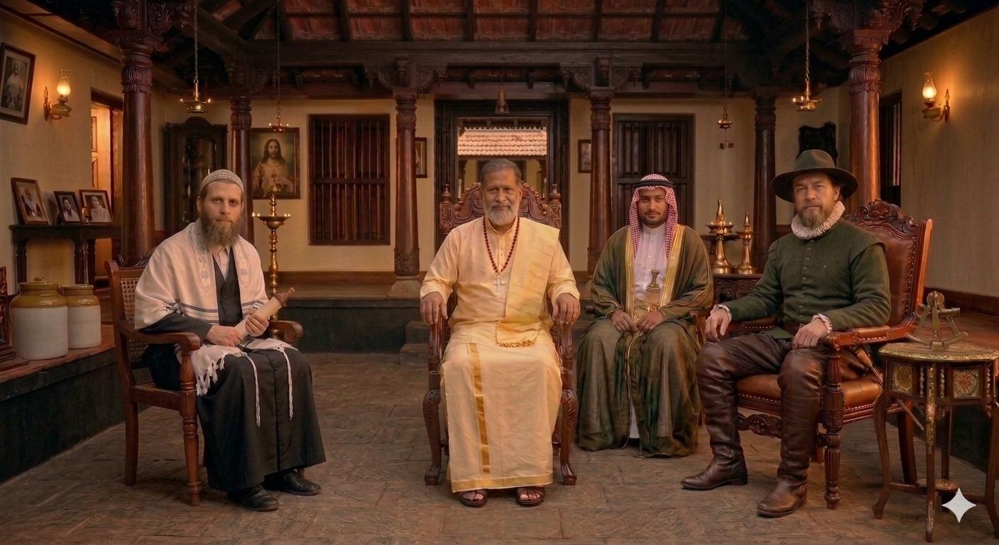 A Nazrani merchant seated with a Jewish trader, an Arab trader, and a European merchant