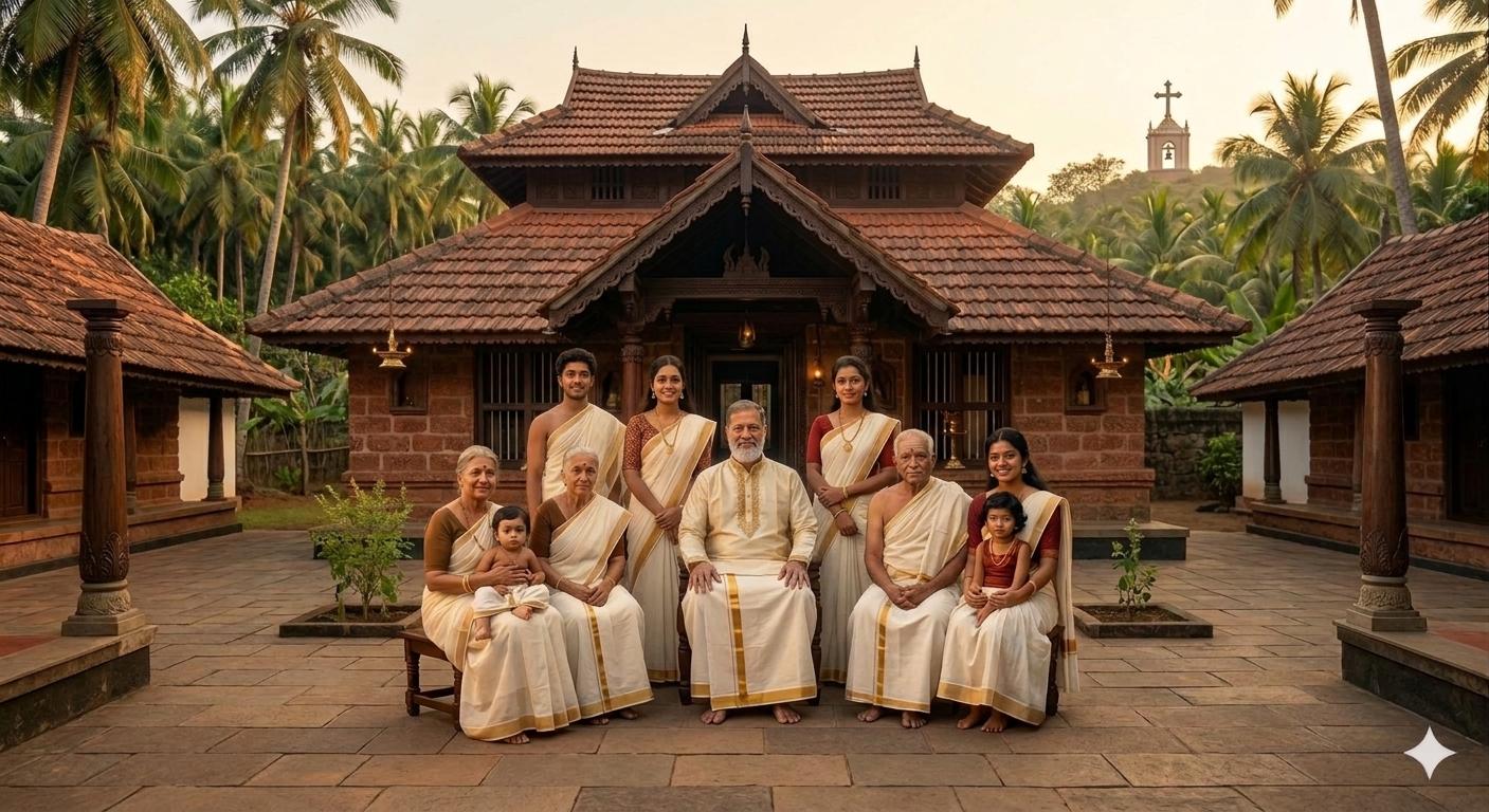 A multi-generational Nazrani family on the veranda of an ancestral tharavad in Kerala