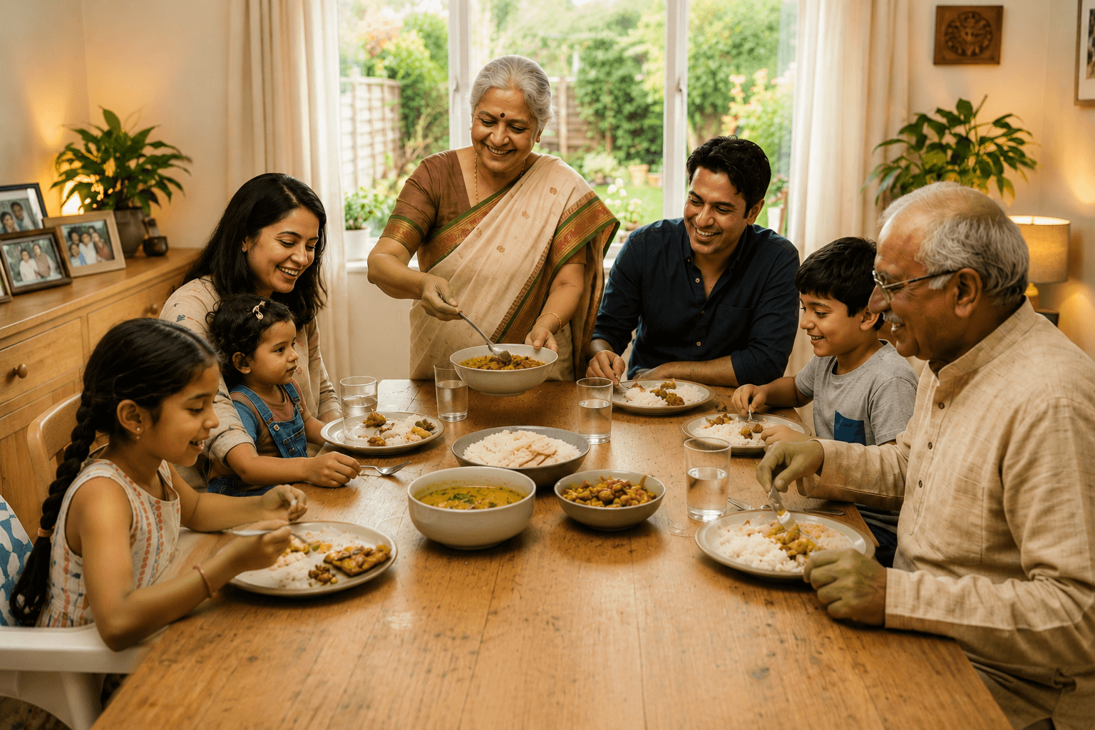 A multi-generational family — grandparents, parents, children, and a dog — at Sunday lunch