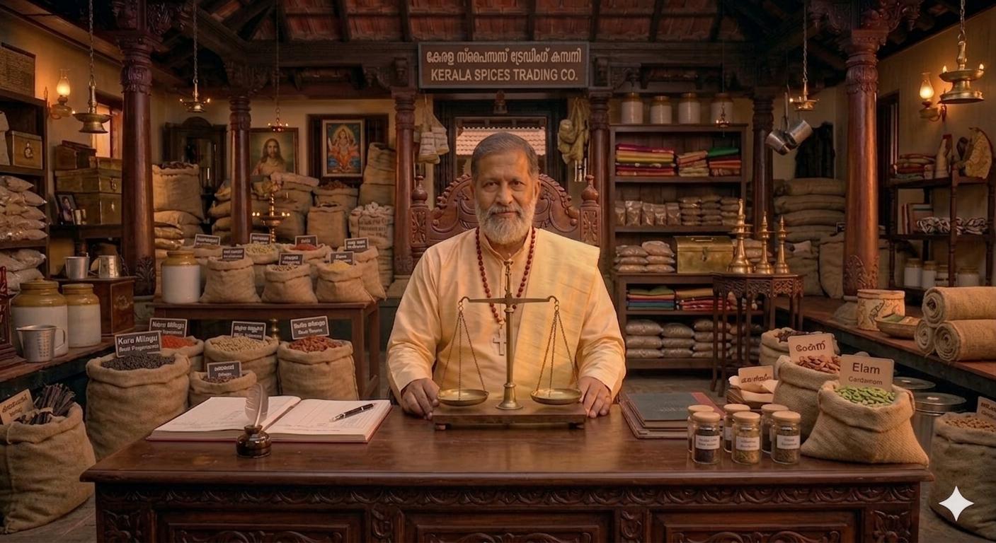 A Nazrani spice merchant at his desk with brass scales, ledger, and sacks of pepper and cardamom at Kerala Spices Trading Co.